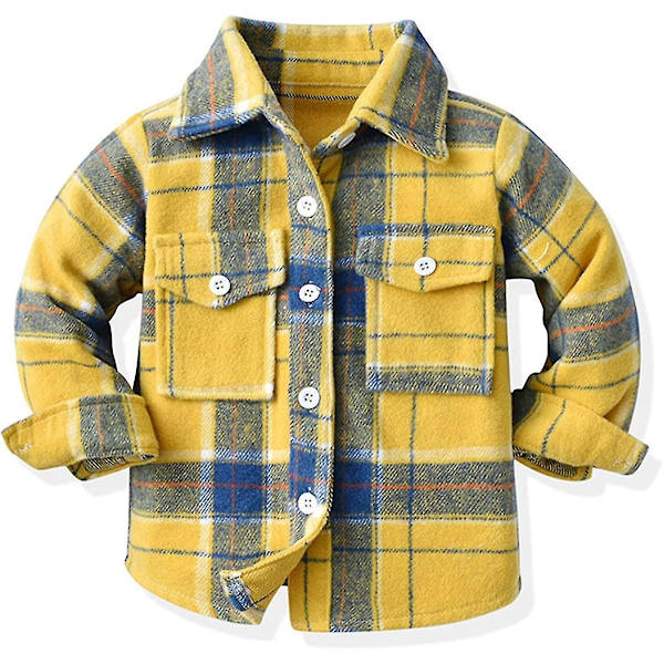 Flannelskjortejakke til småbørn, drenge og piger, med revers og knapper, langærmet jakke, efterårs- og vintertøj (5-6 år, gul)