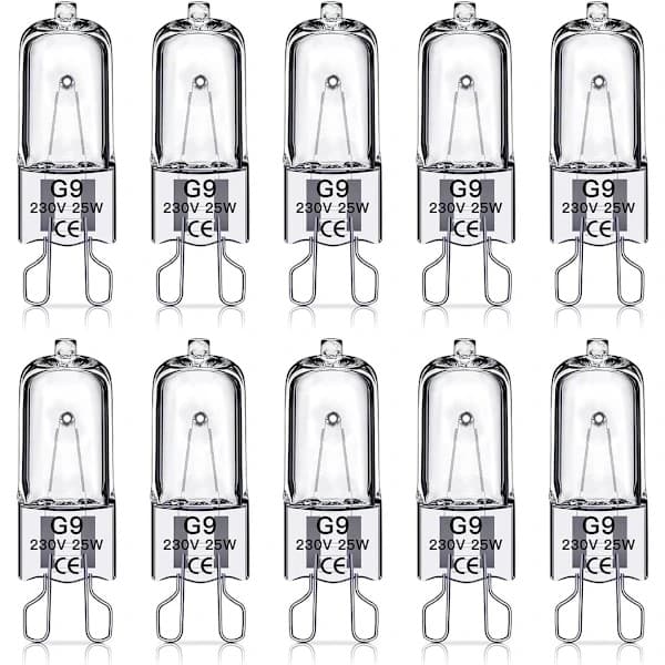 9 halogenlampor, 25 watt, 230 volt, 10 lampor per förpackning