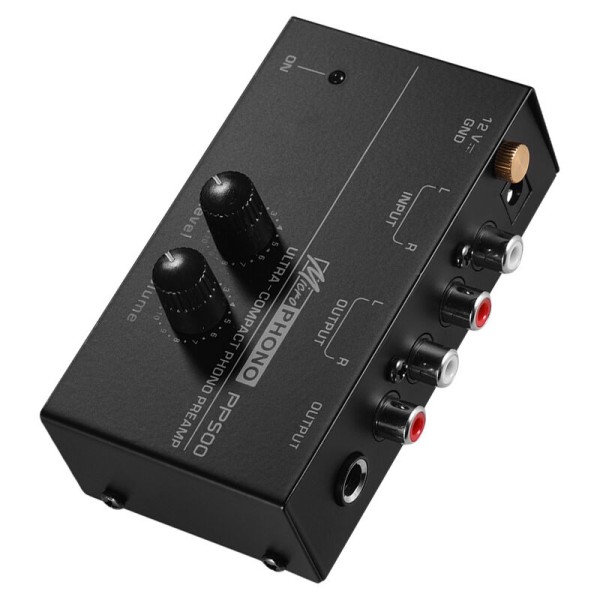 Ultrakompakt phono-forforstærker med niveau- og lydstyrkekontrol 1/4 RCA-indgang og -udgang, model: EU-stik
