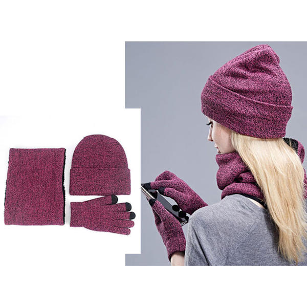 3st Vinterstickad mössa Scarfhandskar Set Fleecefodrad Varm Beanie Touch Screen Handskar för Kvinnor Män Utomhus Cykling Skidåkning
