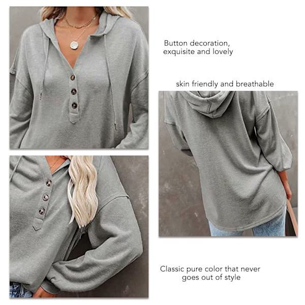 Blouse Langærmet V-udskæring Knap Ren Farve Casual Fashionable Hættetrøjer til Kvinder Grå M