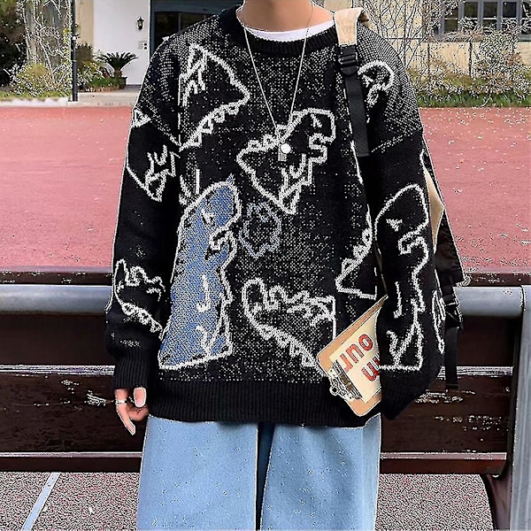 Søt Dinosaur Trykk Unisex Oversized Strikket Genser Svart