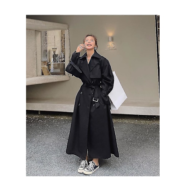 Oversized grå trenchcoat med dobbeltknappet design og belte