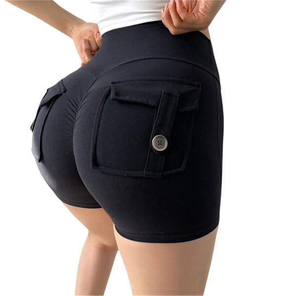 Hög midja svarta cargo yogashorts med fickor för kvinnor