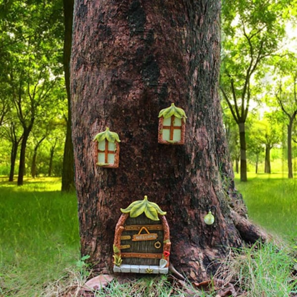 Fairy Hagedør Miniatyr tredør Hjemdekor Tredekorasjon Fairy Door (grønne bladdører og vinduer)