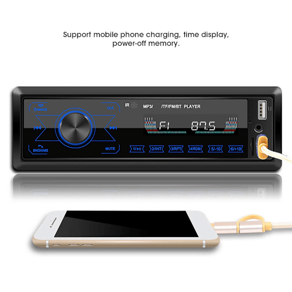 Auton MP3-soitin, kaksi USB-porttia, Bluetooth, stereokaiutin, radio, kosketusnäyttö, värilliset valot, viihdejärjestelmä