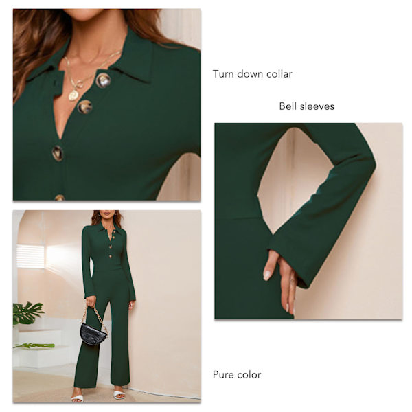Jumpsuit til kvinder Modebukser med lige ben Knapper ned krave Ren farve Jumpsuit XL Grøn