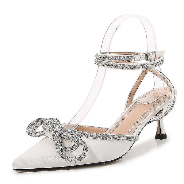 Rhinestone Bow Satin Heels for Women - White Size 37