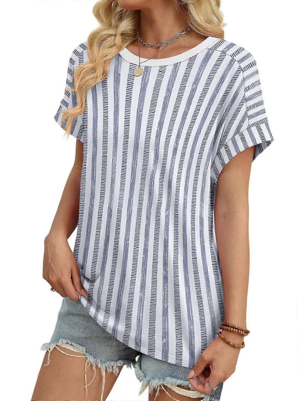 Stribede sommerskjorter til kvinder, elegante, afslappede toppe, blå stribe-1, størrelse L Blue stripe-1 L