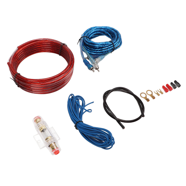 8 AWG:n autonvahvistimen kaapelisetti vahvistimen virtajohdolla, RCA-äänijohdolla autokaiuttimille ja subwooferille