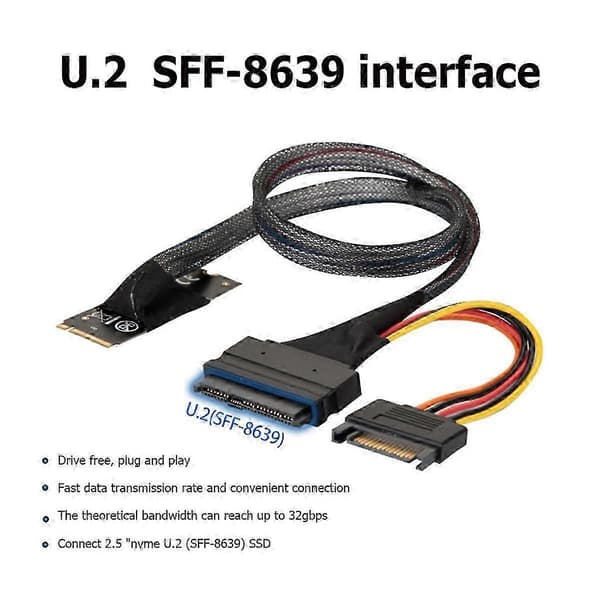 M.2 M-Key til U.2 SFF-8639 adapterkabel, 15-polet strømstik, til NVMe U.2 SSD, 32 Gbps