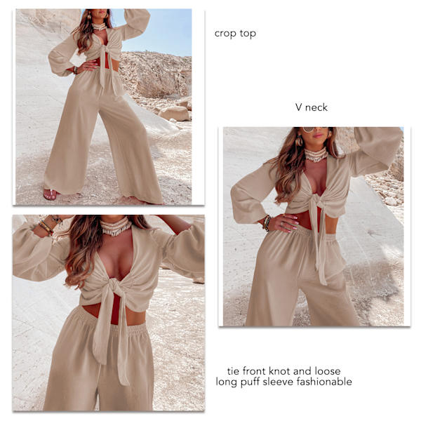 Kvinnor 2-delade outfits V-ringad slips framtill lång puffärmad topp elastisk hög midja vid benbyxor för arbete semester aprikos L
