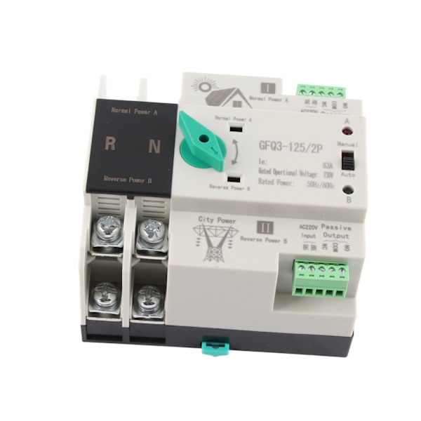Dual Power Automatisk överföringsströmbrytare 2P Millisecond Snabbväxling Timing Controller AC230V 50/60Hz PV till nät 63A