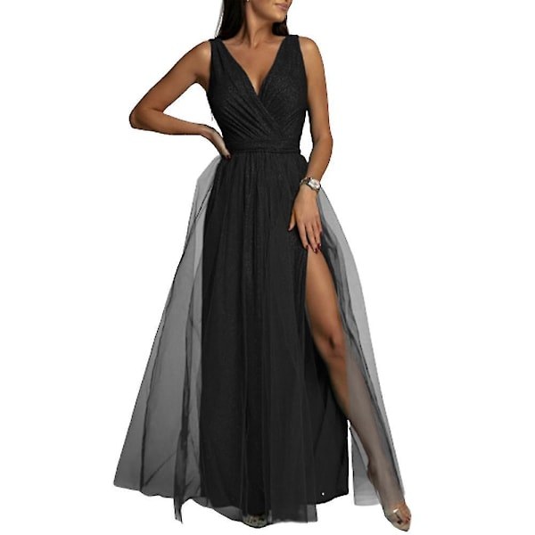 Elegant V Neck Maxi Bridesmaid Dress for Women M Black