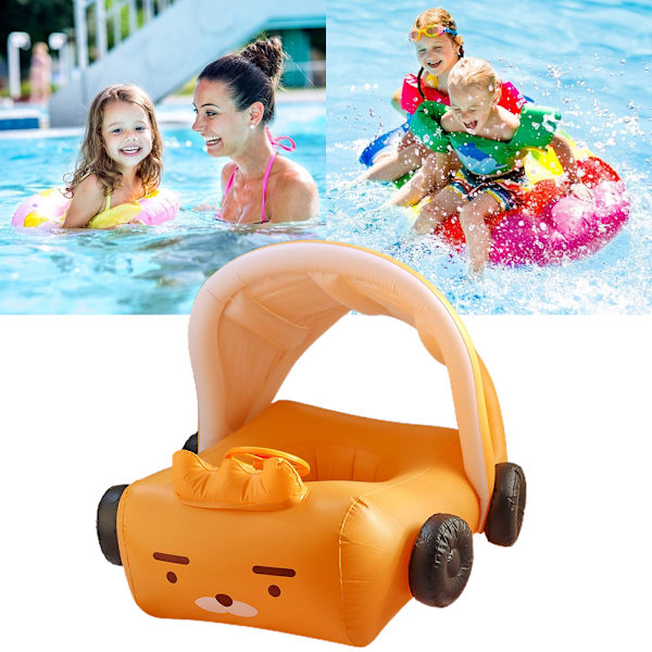 Baby Uppblåsbar Pool Float med Tak Solskydd Cartoon Bilformad Bebis Simring med Säkerhetsstol Ratten för Spädbarn Sommar Strand Utomhus Lek