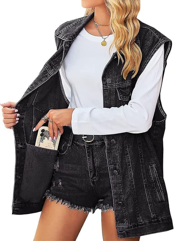 Damjeansjacka Ärmlös Jeansväst med knappar, mellanlång Black Medium