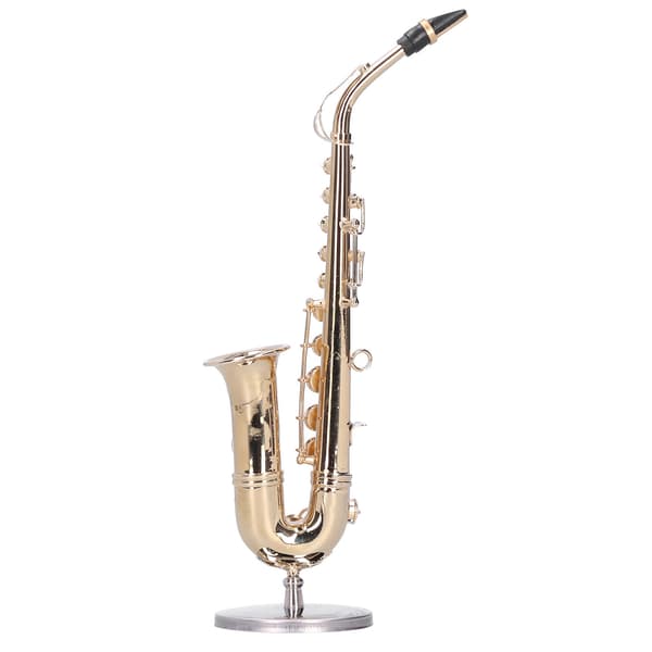 Miniatyr kobber saksofonmodell med stativ Mini musikkinstrument ornament gaver