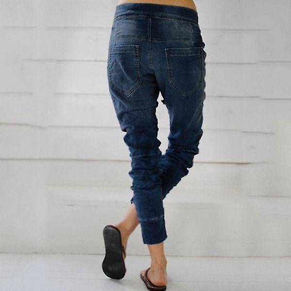 Elastisk Talje Drop Crotch Harem Jeans Bukser Denim Bukser Blå