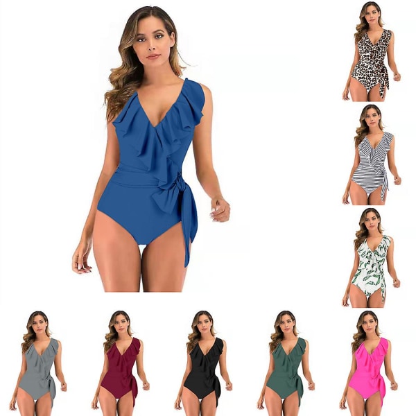 V-hals, ett stykke, bikini, volanger, ryggløs tankini med høy midje Elegant badedrakt Magekontroll strandbadedrakt Dark blue XL