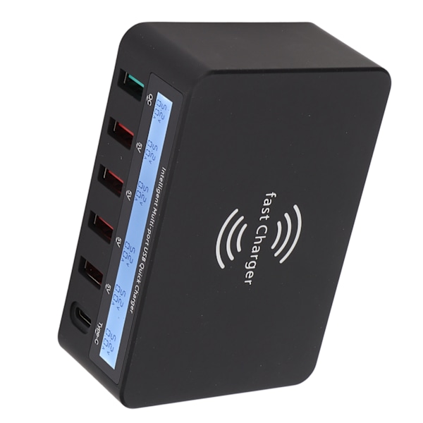 USB-puhelinlaturi 40W 6-porttinen QC 3.0 latauskeskus Langaton latausalusta LCD-näytöllä 100‑240VMusta EU-pistoke