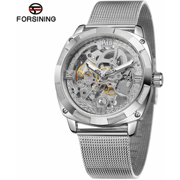 Mekaaninen watch Miesten ruostumattomasta teräksestä automaattiset mekaaniset kellot 30M vedenpitävä watch, malli: hopea