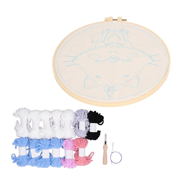 Punch Needle Kit Søt hvit katt Enkel bruk blank ramme 9.8in Hoop 13 garn Punch Needle Art for nybegynnere