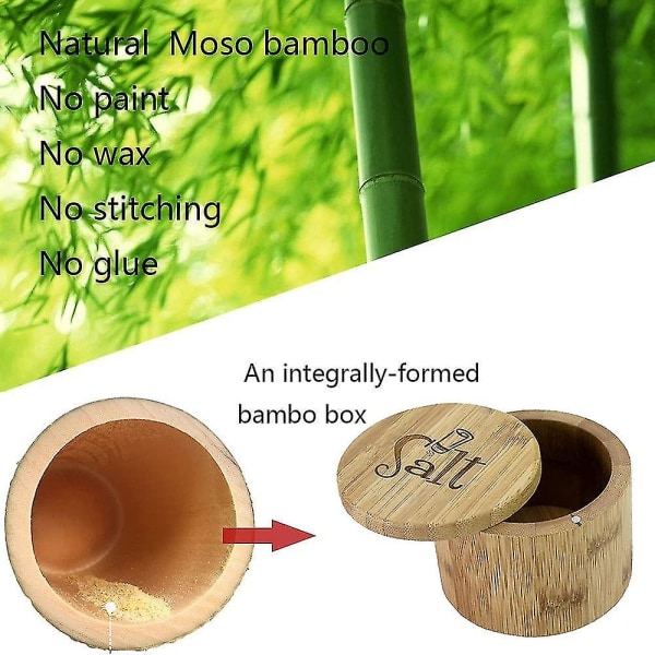 Bambu suolalaatikko, suolasäiliö kannella, suolapuristin, kulho