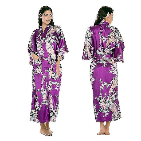 Blomstermønstret Sateng Kimono Morgenkåpe Nattøy for Kvinner - Lilla 2XL