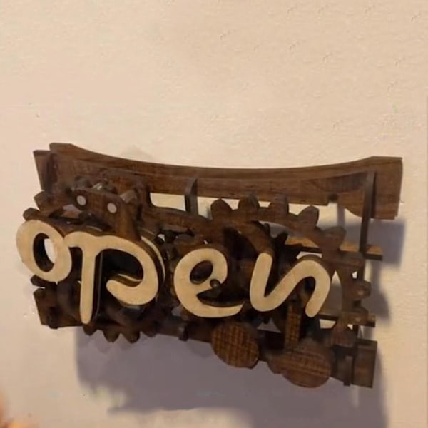 Wooden Gear Mechanism Open Closed Sign Board - Haguruma Art Crafts Brown