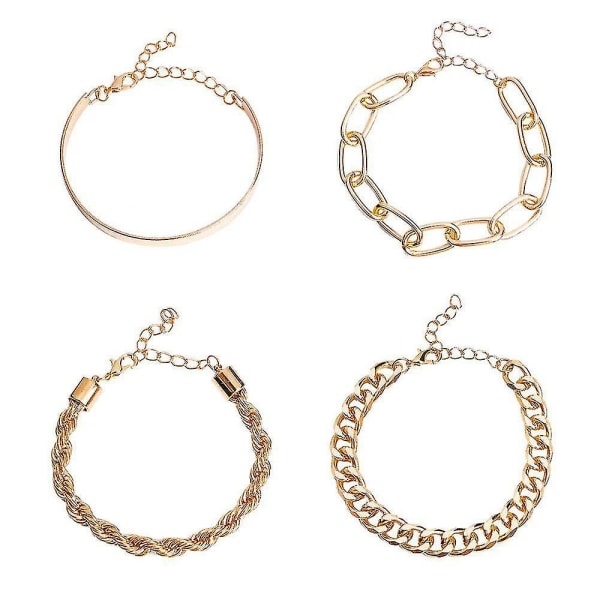 Gull Sølv kjede armbånd sett for kvinner Justerbare mote perler Chunky flat kabel kjede punk armbånd smykker