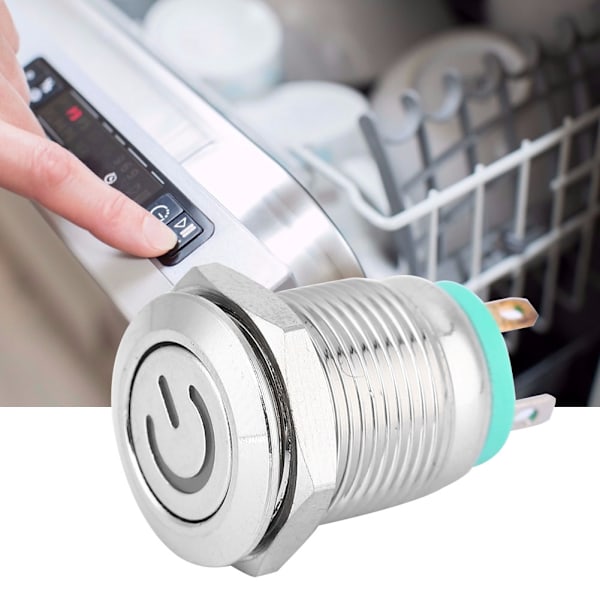 Grønt LED-lys fladt hoved selvtilbageførende metaltryknap med strømssymbol 12mm (12V)