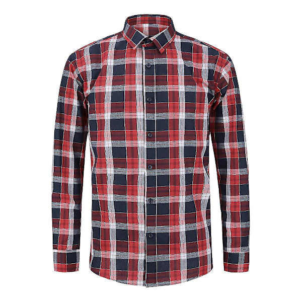 Casual Men's Plaid Checkered Long Sleeve Shirt in Red, Dark Blue, and White