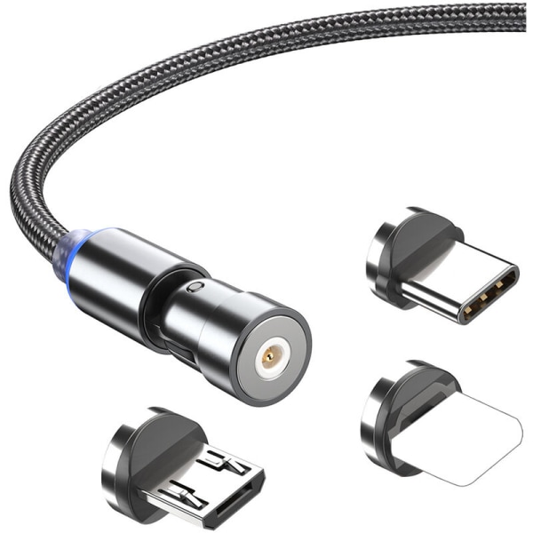 3-i-1 magnetisk laddningskabel Nylon laddningssladd med LED-ljus Kompatibel med iOS/Micro USB/Typ-C-enheter, svart 3,3 fot, modell: svart 1 m