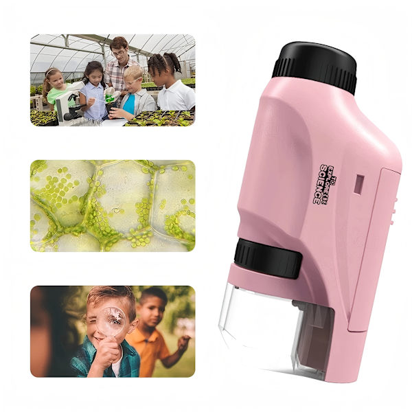 【NX】Mini Pocket Microscope Set 60-120x Lab Handheld Microscope Battery Powered Microscope with LED Illumination Pink