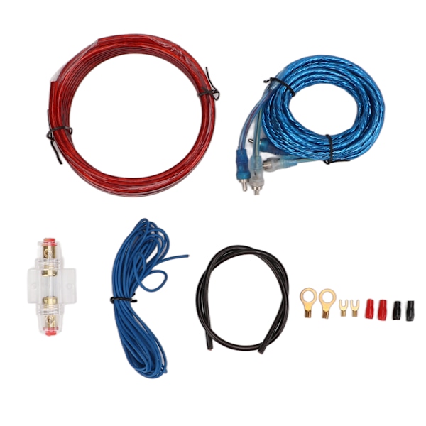 8 AWG:n autonvahvistimen kaapelisetti vahvistimen virtajohdolla, RCA-äänijohdolla autokaiuttimille ja subwooferille
