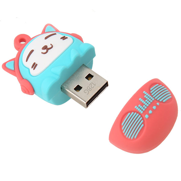 Tegneserie-minnepenn PVC USB2.0 Katt-mønster Plug and Play støtsikker U-disk for telefon bærbar PC blå rød 128g