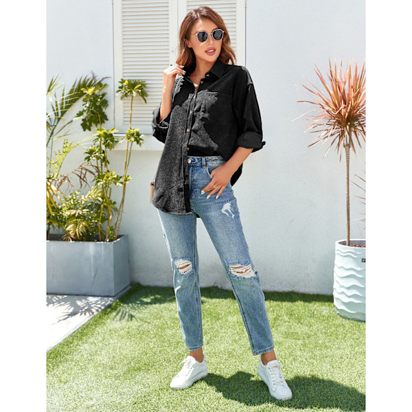 Dame bomulls-skjorte Løstsittende Casual Elegant ren farge Langærmet Knapping Bluse Topper med lomme Svart XXL