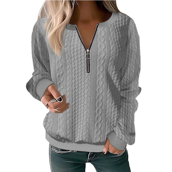 Kvinnor Halv Zip Kabel Stickad Tjock Blus Långärmad Halv Dragkedja Andas Moderiktig Pullover Tjock Blus Grå XXL