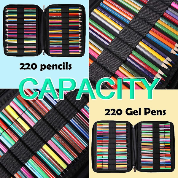 220-paikkainen värillinen case Suurikapasiteettinen kynäpidike vetoketjullinen organizer markerin case black