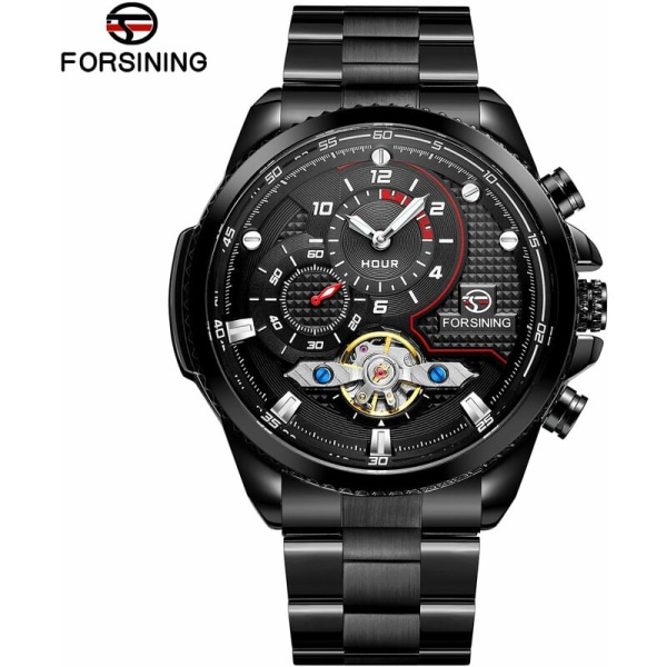 Forsining automatisk mekanisk ur til mænd med stålbånd Modearmbåndsur med hult design 3ATM ure, model: sort