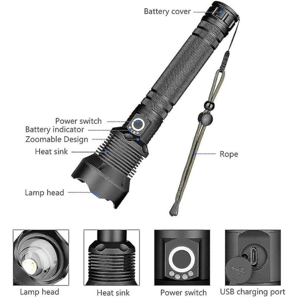 Led Ficklampa, Xhp70 Ultra Kraftfull Justerbar Zoombar Vattentät Ficklampa, USB Uppladdningsbar Ficklampa, Innehåller 2*18650 Högkapacitet Rec