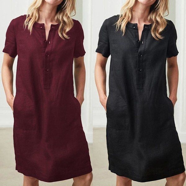 Rymlig tunika kaftanklänning, kort ärm i bomull och linne, knälång, khaki, 2XL