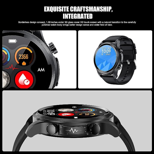 Smartwatch til mænd med blodtryks- og blodsukkermåling, EKG, PPG, fitness og pulsmåling i sort