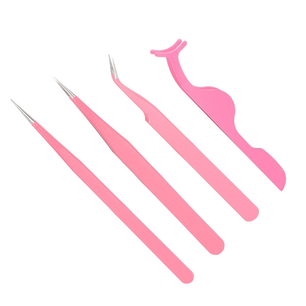 4 stk Øjenvippepincet Sæt Rustfrit Stål Ret Bøjning Spids Løse Øjenvipper Applikatorværktøj Rosa