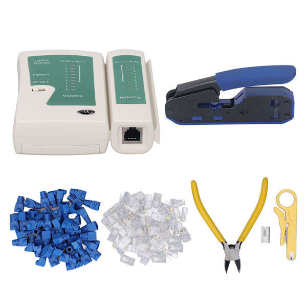 RJ45 Krympeverktøysett Strippetang 8P8C Krystallhode Nettverkstestersett for Cat5 Cat6 Kontakt