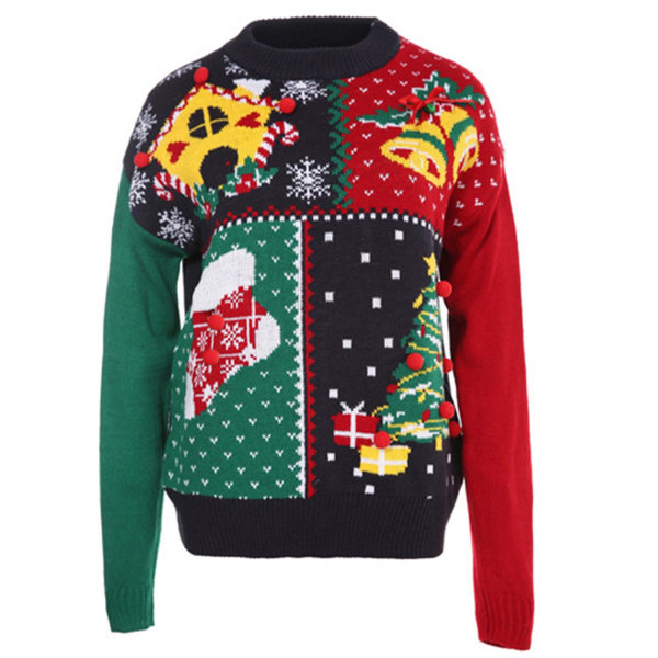 Kvinnor Ugly Christmas Sweater Colorblock Funny Xmas Tree Snowflake Stickad Pullover Top Holiday Långärmad o-ringad Lösa tröjor Navy Blue L