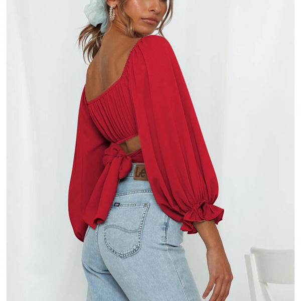Naisten söpö Off Shoulder Frill Wrap Crop Top Elastinen hihansuu Pitkä Puff-hiha Solmi takaa Juhliin Ostoksille Matkalle Päivämäärälle Tyypillinen 3 XL