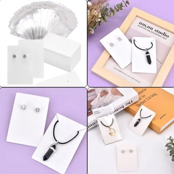 100 st Örhängeskort 6x9cm Tom Kraftpapper Etikett med 100 OPP-påsar för Visning av Halsband Armband Vit