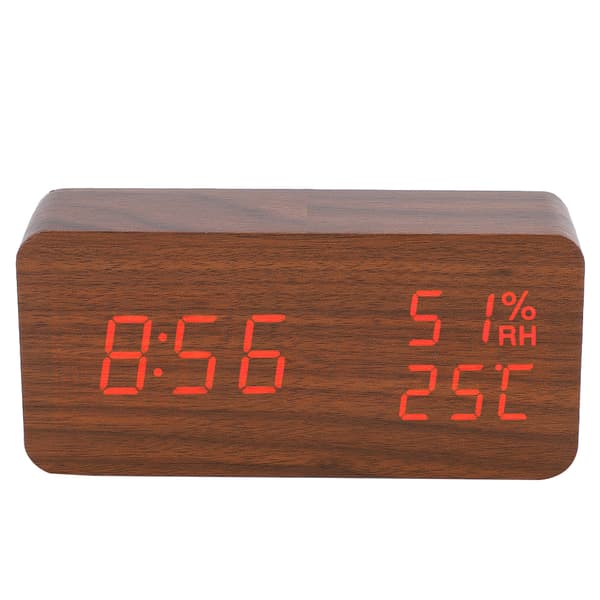 【NX】Träväckarklocka LED Röststyrning Skrivbord Rektangulär Brun Trä Röd Ljus Digital klocka