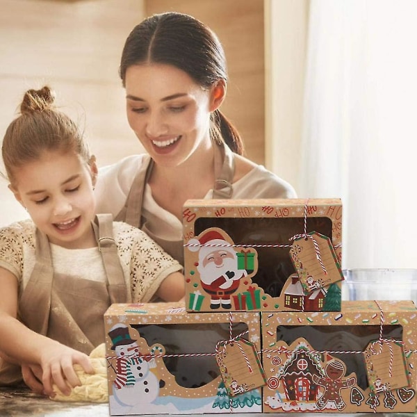 12 stykker gør-det-selv julegave Kraft papir Cookie gaveæske med klart vindue jul